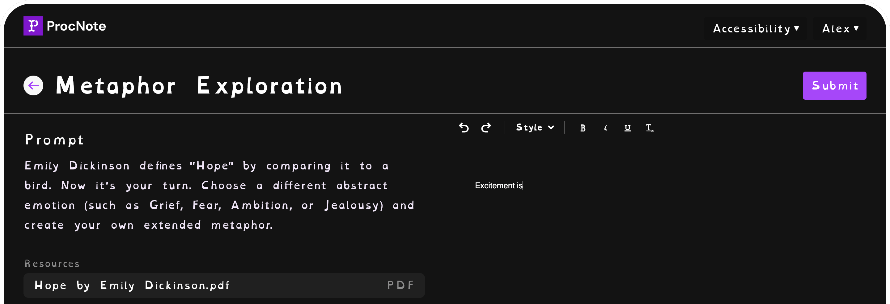 ProcNote screenshot demonstrating clean interface for students doing an in-class writing exercise.