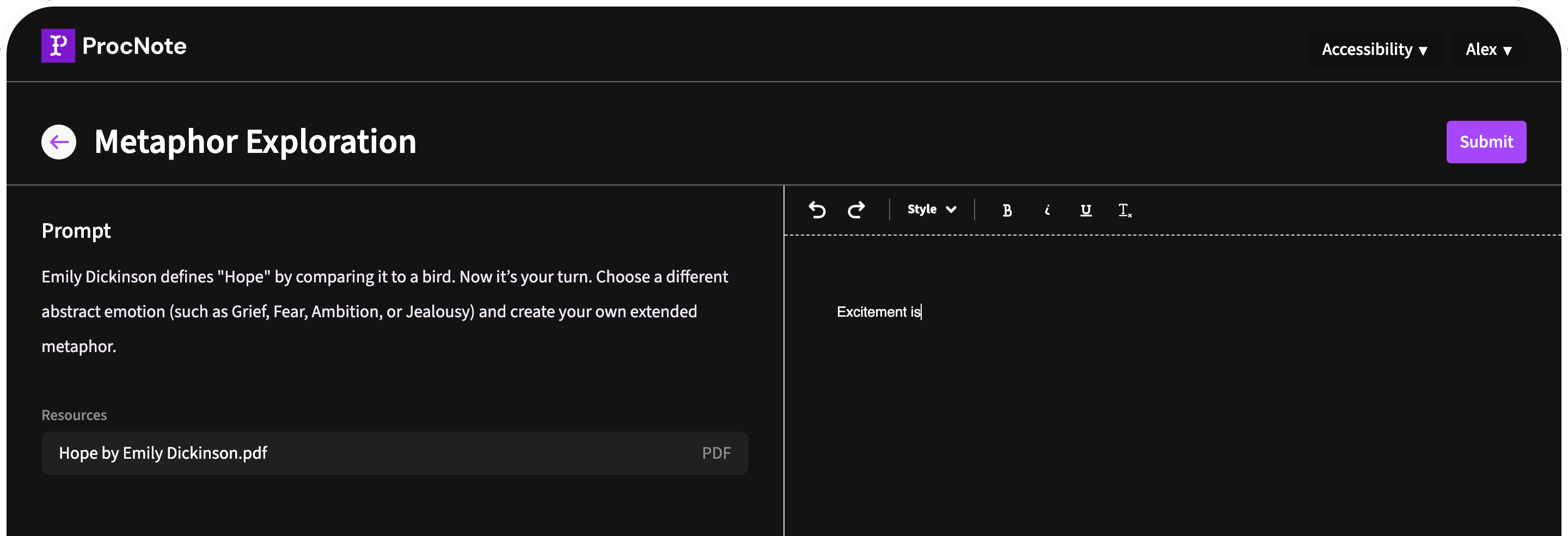 ProcNote screenshot demonstrating clean interface for students doing an in-class writing exercise.