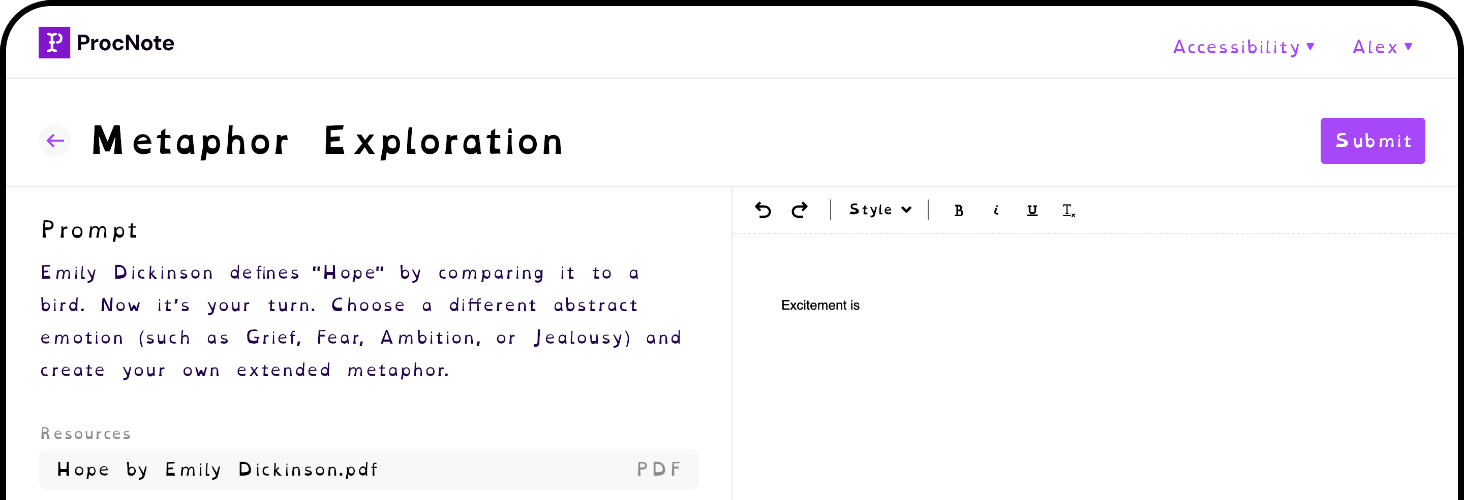 ProcNote screenshot demonstrating clean interface for students doing an in-class writing exercise.