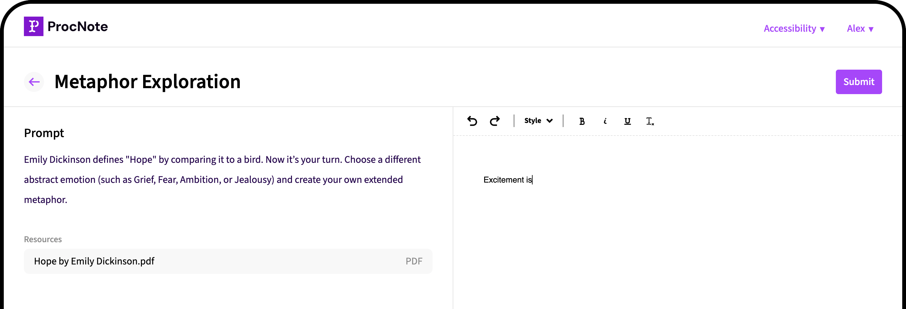 ProcNote screenshot demonstrating clean interface for students doing an in-class writing exercise.